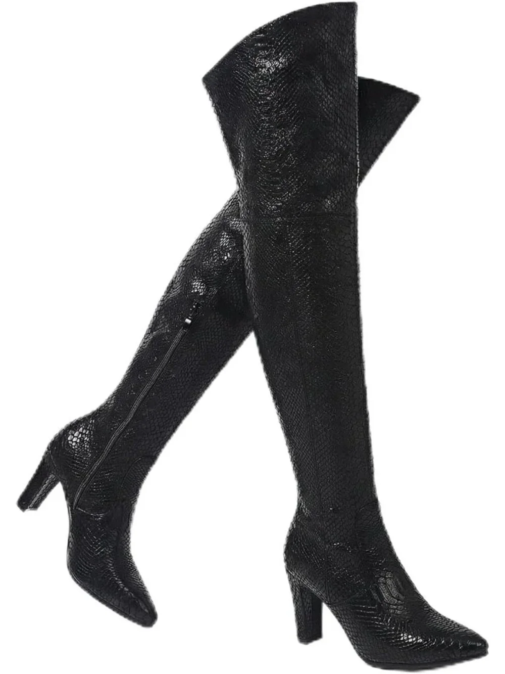 Women's Black Thick Pointed Toe Chunky Heel Side Zipper Over The Knee High Boots